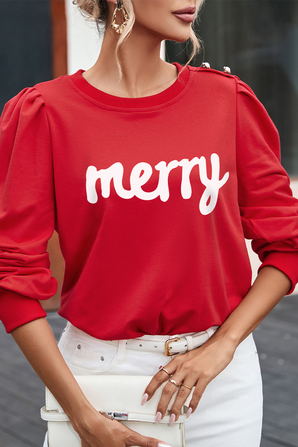 MERRY Ruff Sleeve Buttoned Sweatshirt-Jewearrings