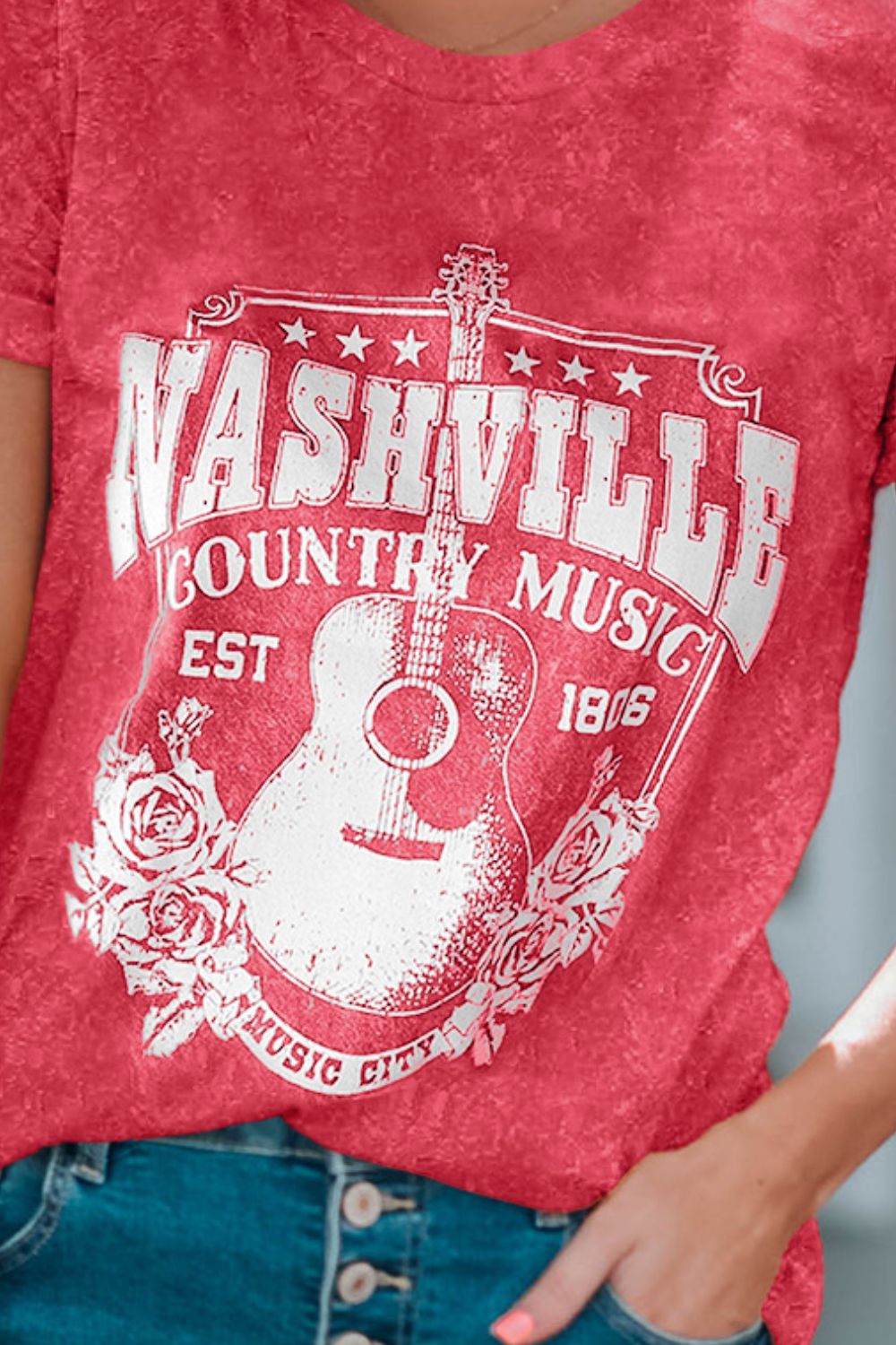 NASHVILLE COUNTRY MUSIC Graphic Round Neck Tee Shirt-Jewearrings