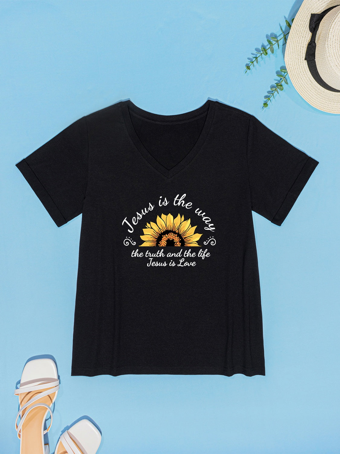 Sunflower V-Neck Short Sleeve T-Shirt-Jewearrings