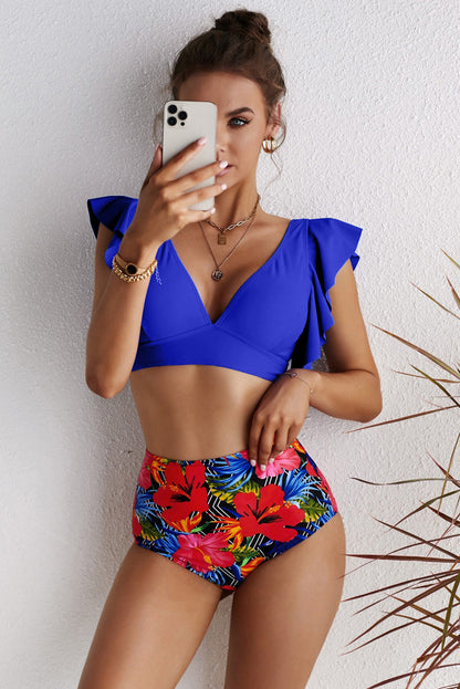 Floral Ruffled High Waist Bikini Set-Jewearrings