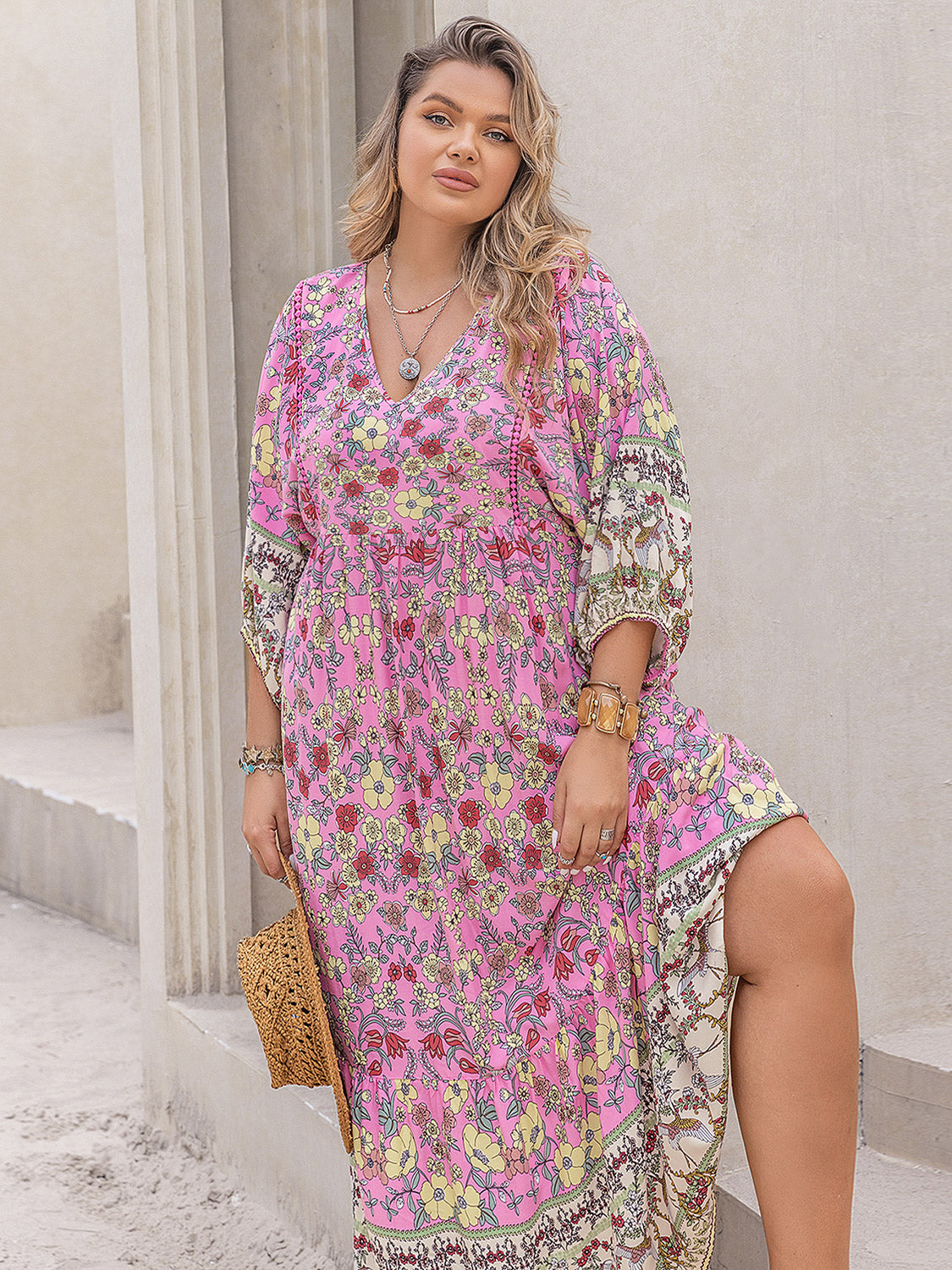 Plus Size Floral V-Neck Balloon Sleeve Midi Dress-Jewearrings