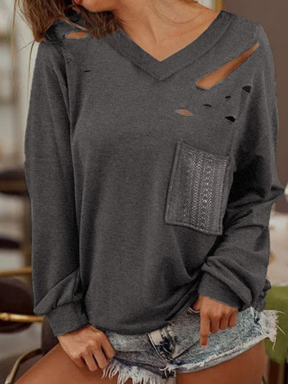 Distressed V-Neck Long Sleeve T-Shirt With Pockets-Jewearrings