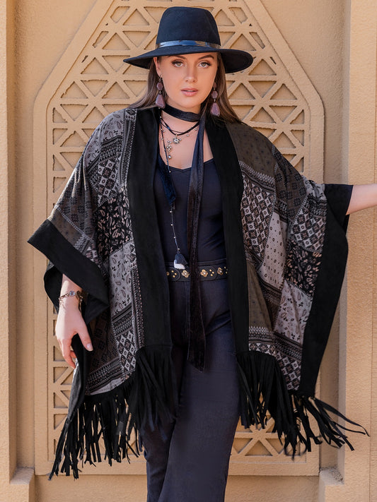 Plus Size Printed Fringe Open Front Outerwear-Jewearrings