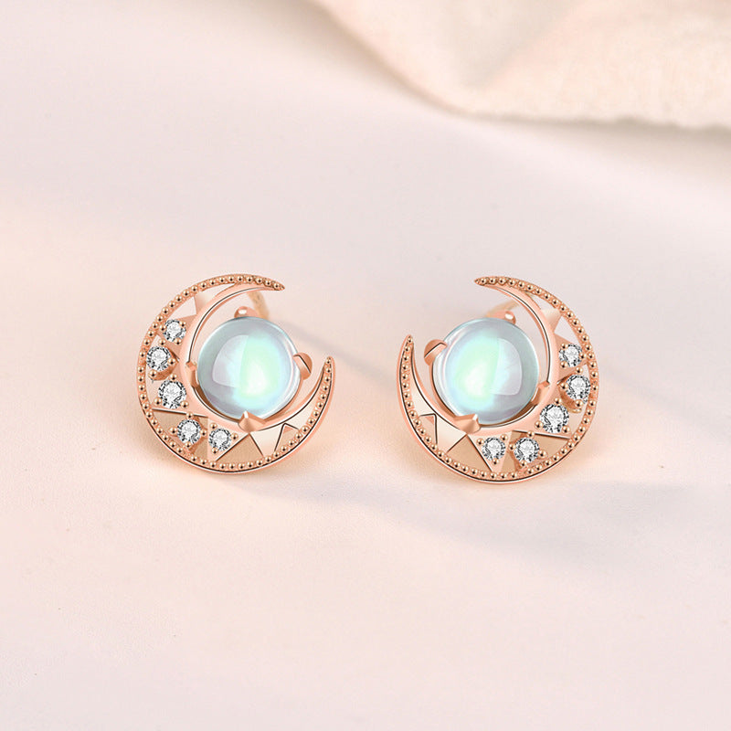 Sterling Silver Moonstone Star And Moon Stud Earrings-Jewearrings