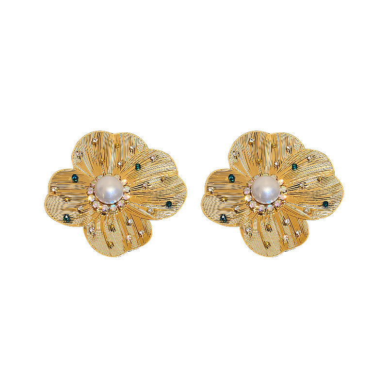 Silver Needle European And American Vintage Pearl Zircon Crystal Petal Earrings-Jewearrings