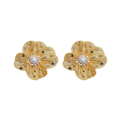 Silver Needle European And American Vintage Pearl Zircon Crystal Petal Earrings-Jewearrings