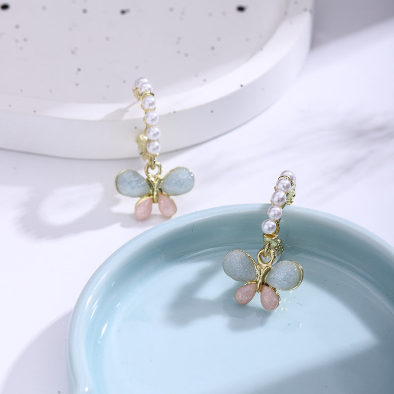 Silver Needle Butterfly Pearl Sweet Earrings Fashion-Jewearrings