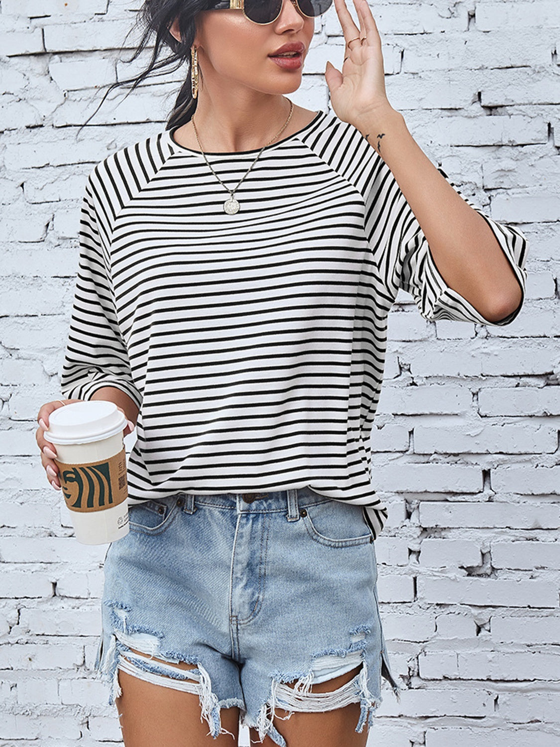 Striped Round Neck Raglan Sleeve T-Shirt-Jewearrings