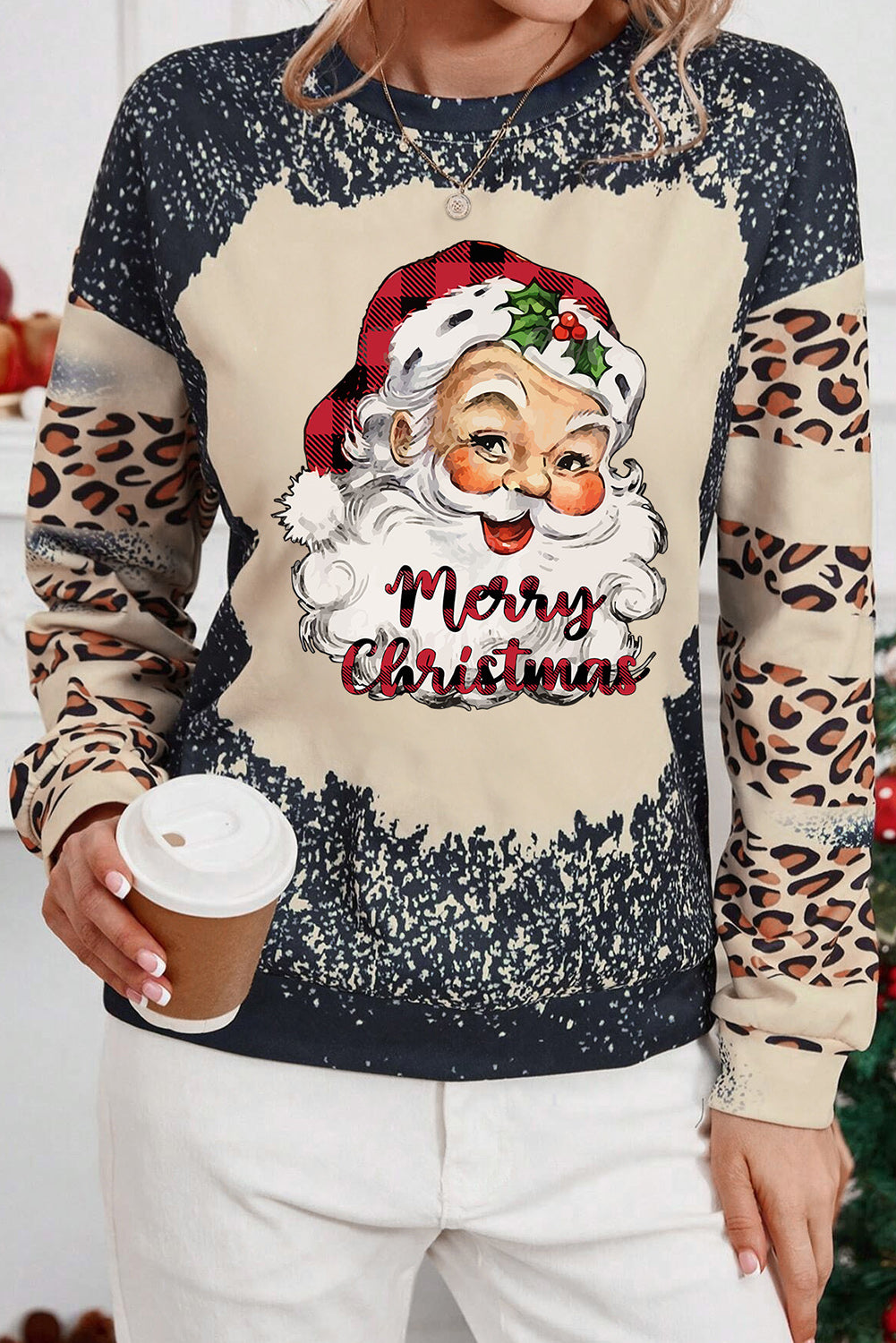 Santa Graphic Leopard Dropped Shoulder Sweatshirt-Jewearrings