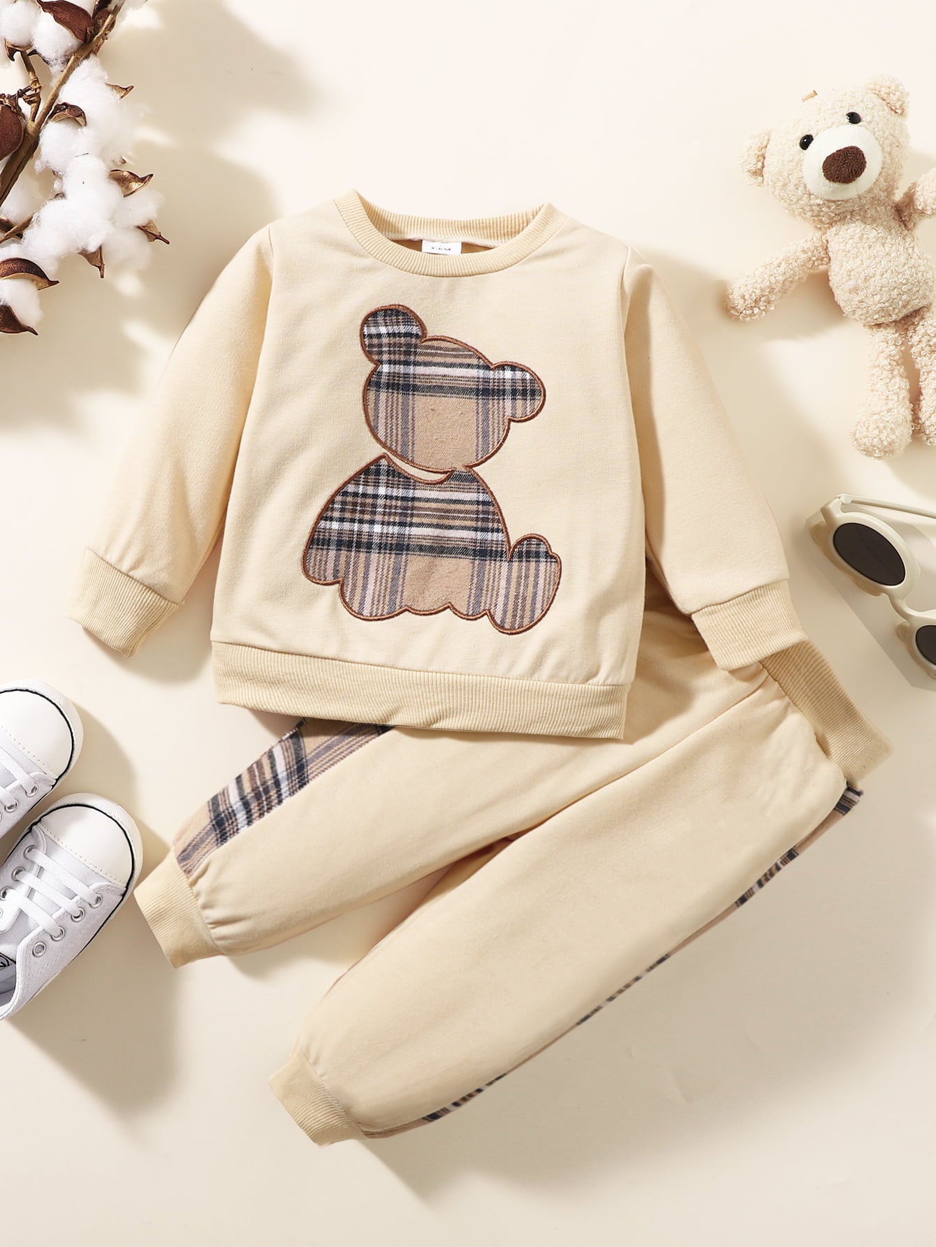 Plaid Bear Graphic Tee and Plaid Print Pants Kit-Jewearrings