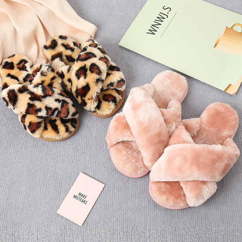 Faux Fur Crisscross Strap Slippers-Jewearrings