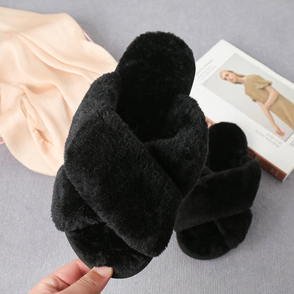 Faux Fur Crisscross Strap Slippers-Jewearrings