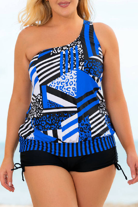 Plus Size Patchwork Tied One-Shoulder Tankini Set-Jewearrings