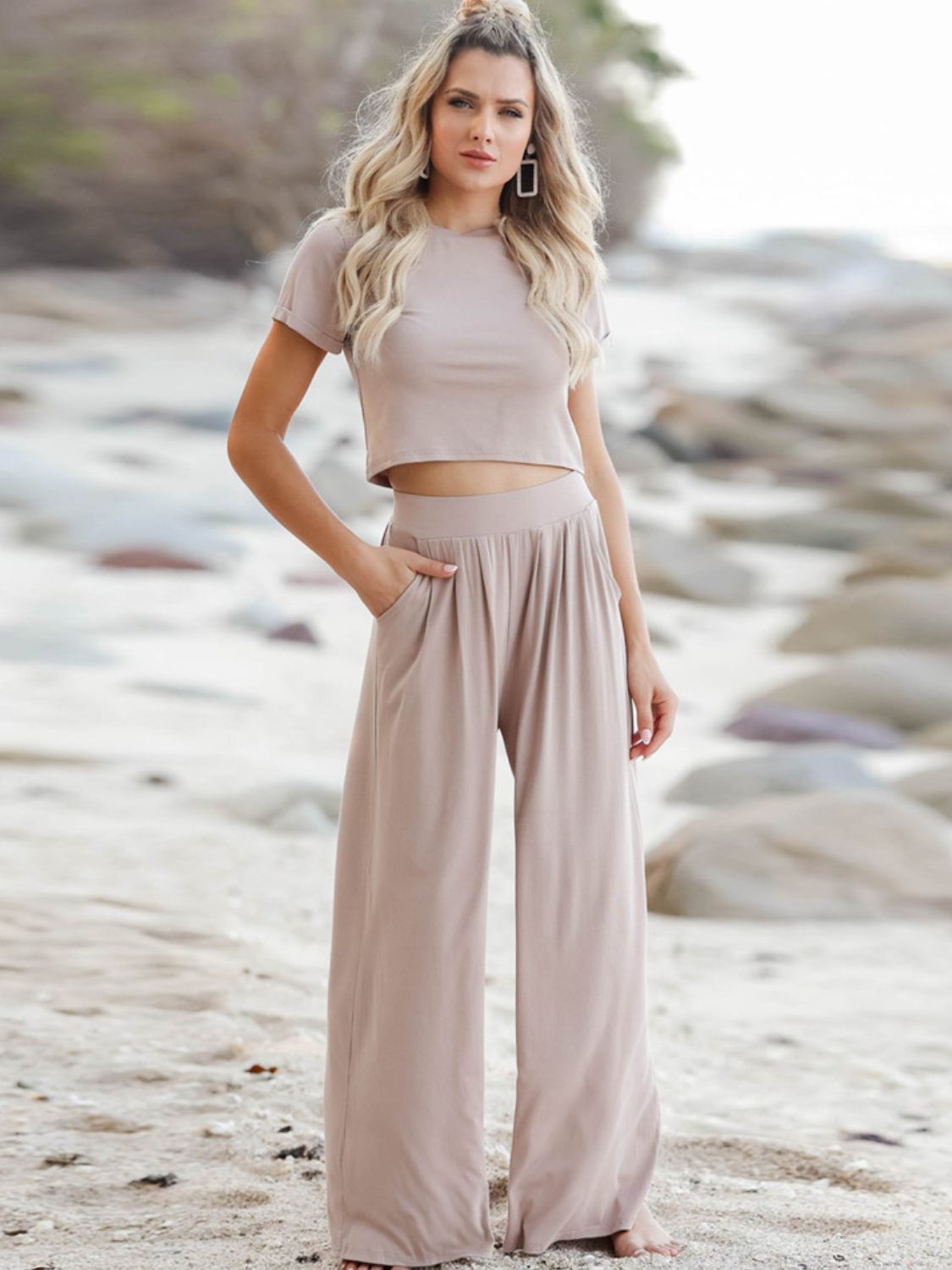 Short Sleeve T-Shirt and Wide Leg Pants Set-Jewearrings