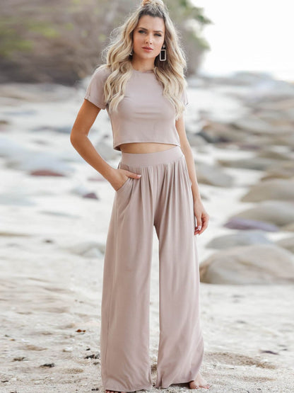 Short Sleeve T-Shirt and Wide Leg Pants Set-Jewearrings