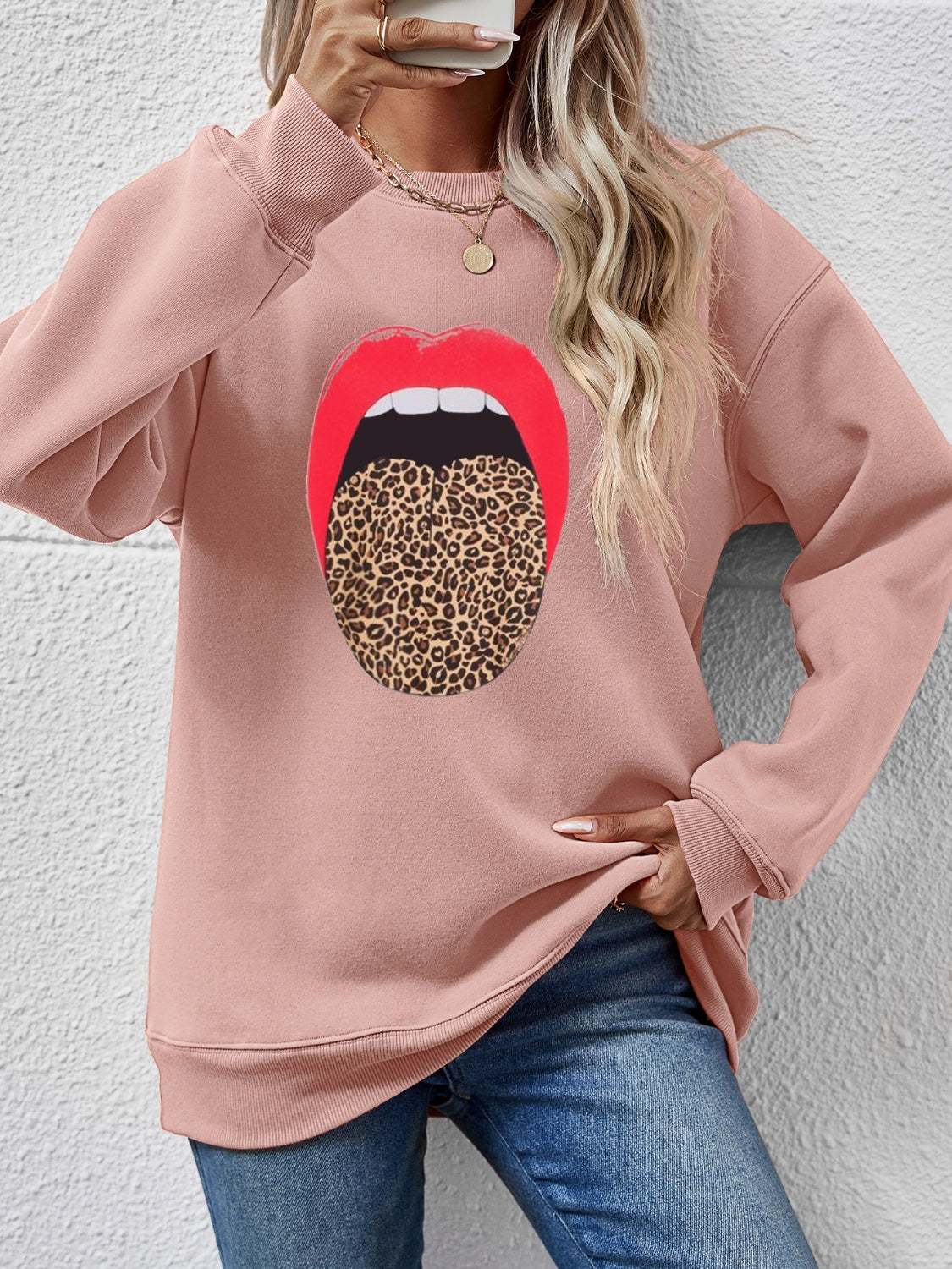 Leopard Lip Graphic Round Neck Sweatshirt-Jewearrings