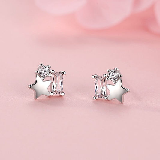 S925 Silver Star Sugar Cube Earrings With Diamonds-Jewearrings