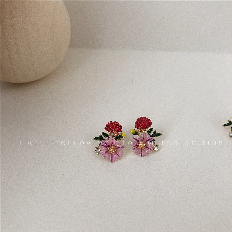 Vintage Sen Colored Glaze Earrings Purple Flower Ball 925 Silver Needle Small Daisy Earrings-Jewearrings