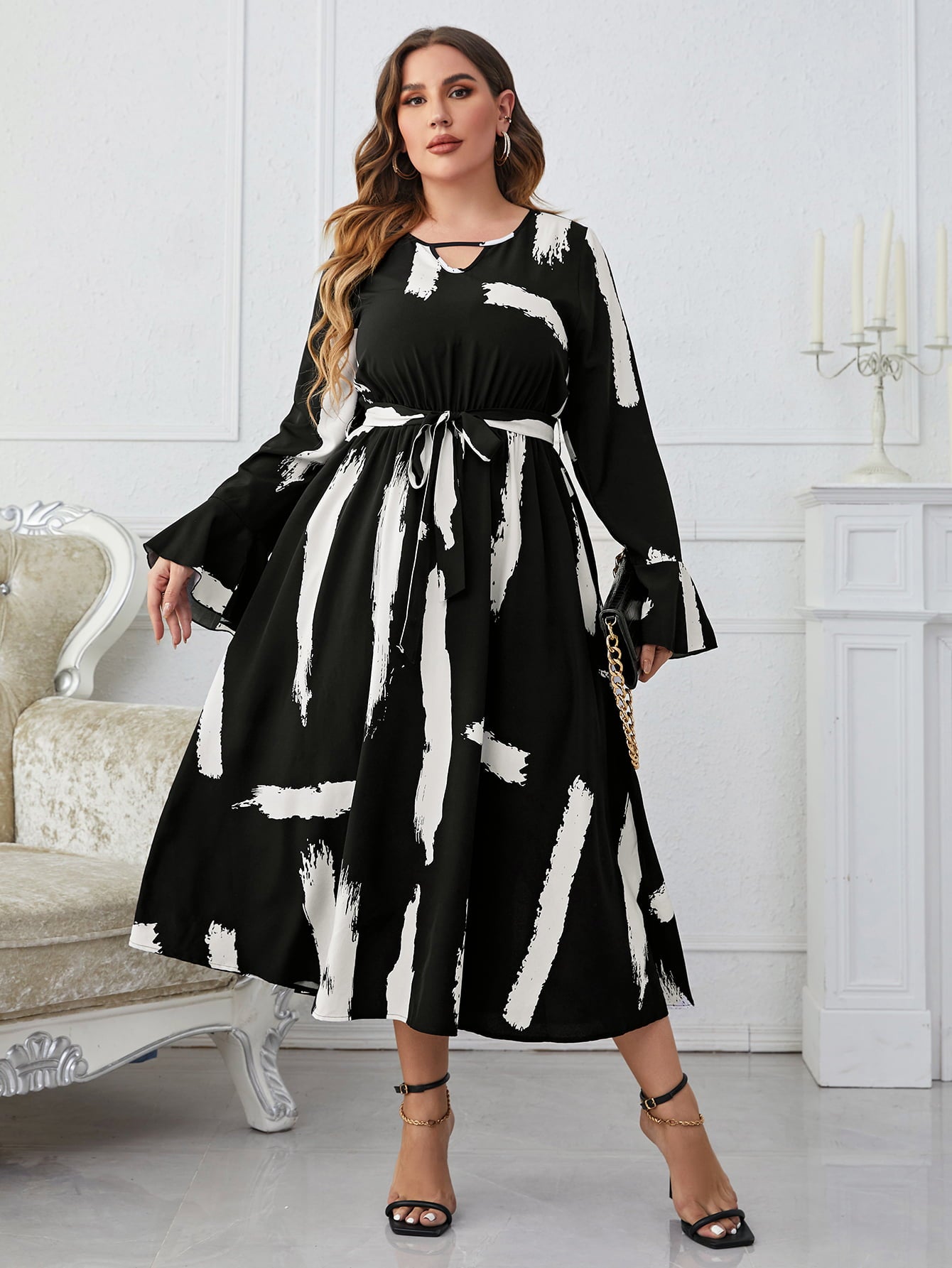 Melo Apparel Plus Size Printed Tie Belt Flare Sleeve Round Neck Midi Dress-Jewearrings