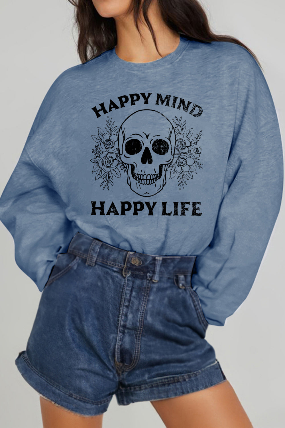 Simply Love Simply Love Full Size HAPPY MIND HAPPY LIFE SKULL Graphic Sweatshirt-Jewearrings