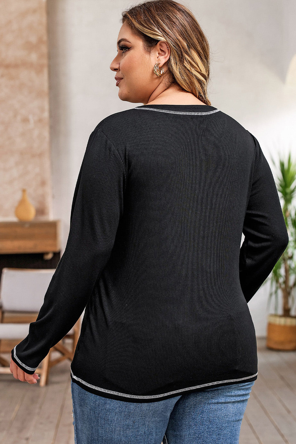 Plus Size Notched Neck Long Sleeve T-Shirt-Jewearrings