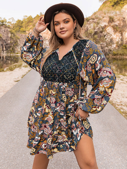 Plus Size Floral Tie Neck Balloon Sleeve Mini Dress-Jewearrings