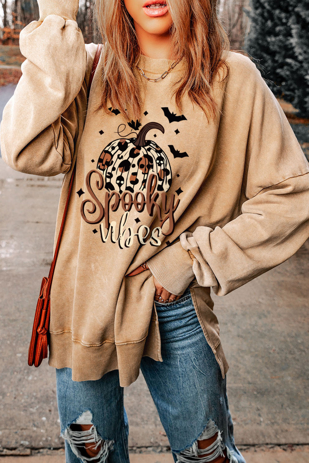 SPOOKY VIBES Graphic Slit Dropped Shoulder Sweatshirt-Jewearrings