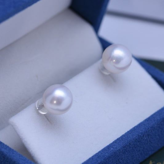 White Perfect Circle Strong Light Pearl Stud Earrings-Jewearrings