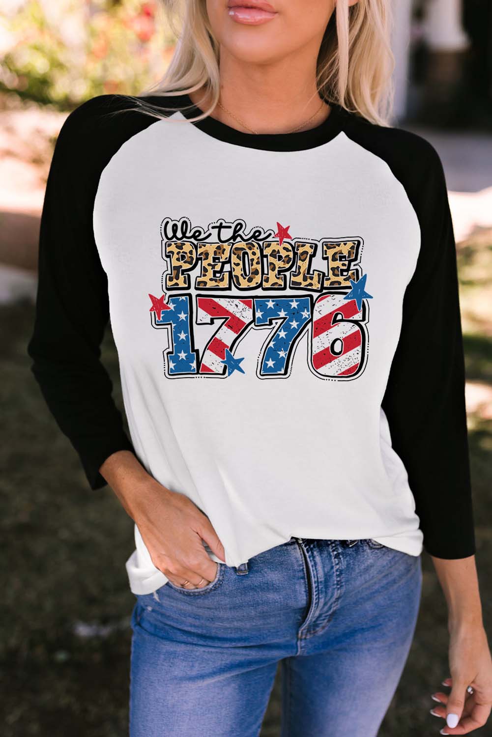 Raglan Sleeve Round Neck WE THE PEOPLE 1776 Graphic Tee-Jewearrings