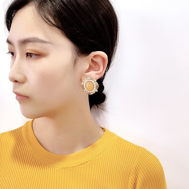 New Palace Style Earrings Yellow Gemstone Pearl Ring-Jewearrings