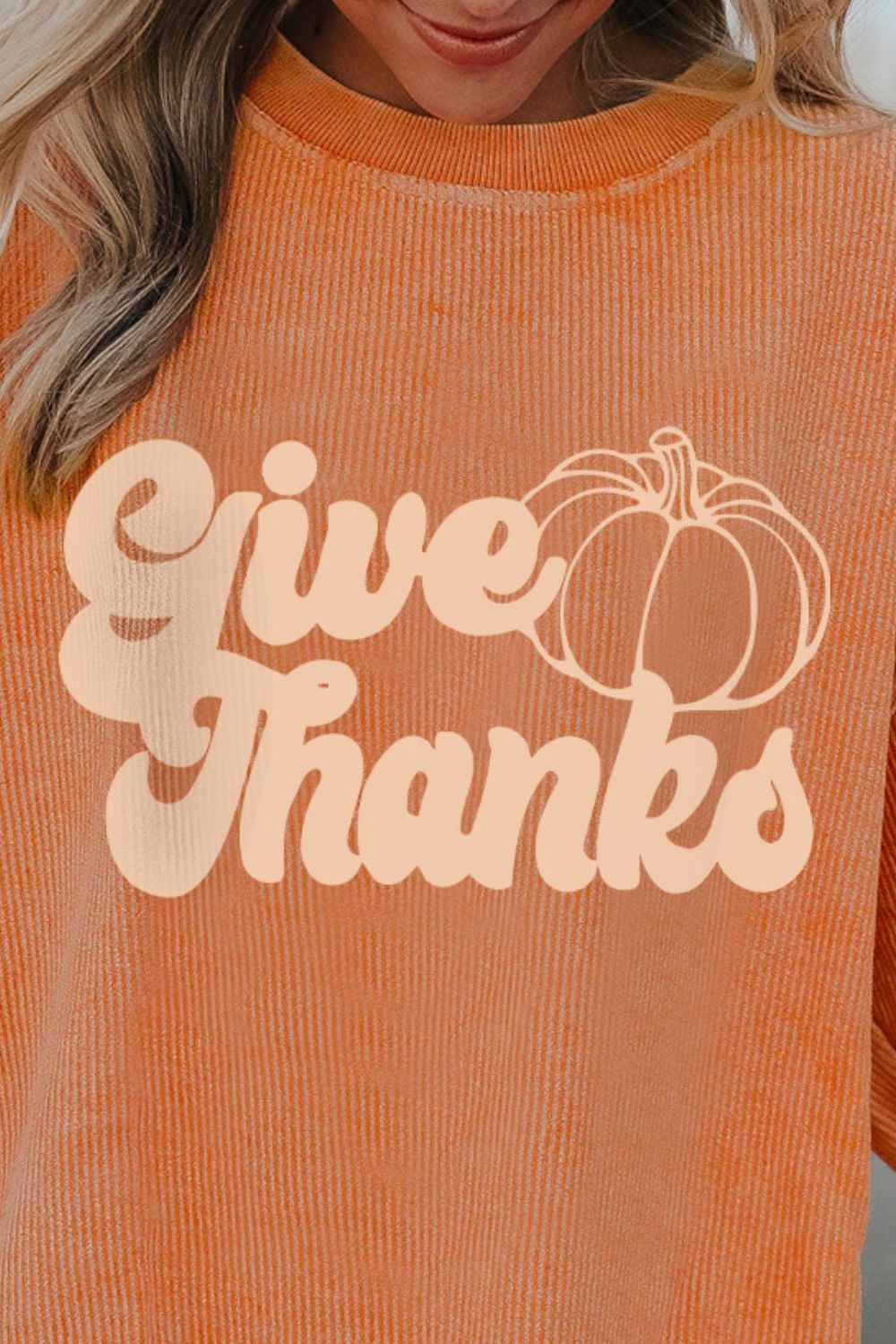 GIVE THANKS Ribbed Round Neck Sweatshirt-Jewearrings