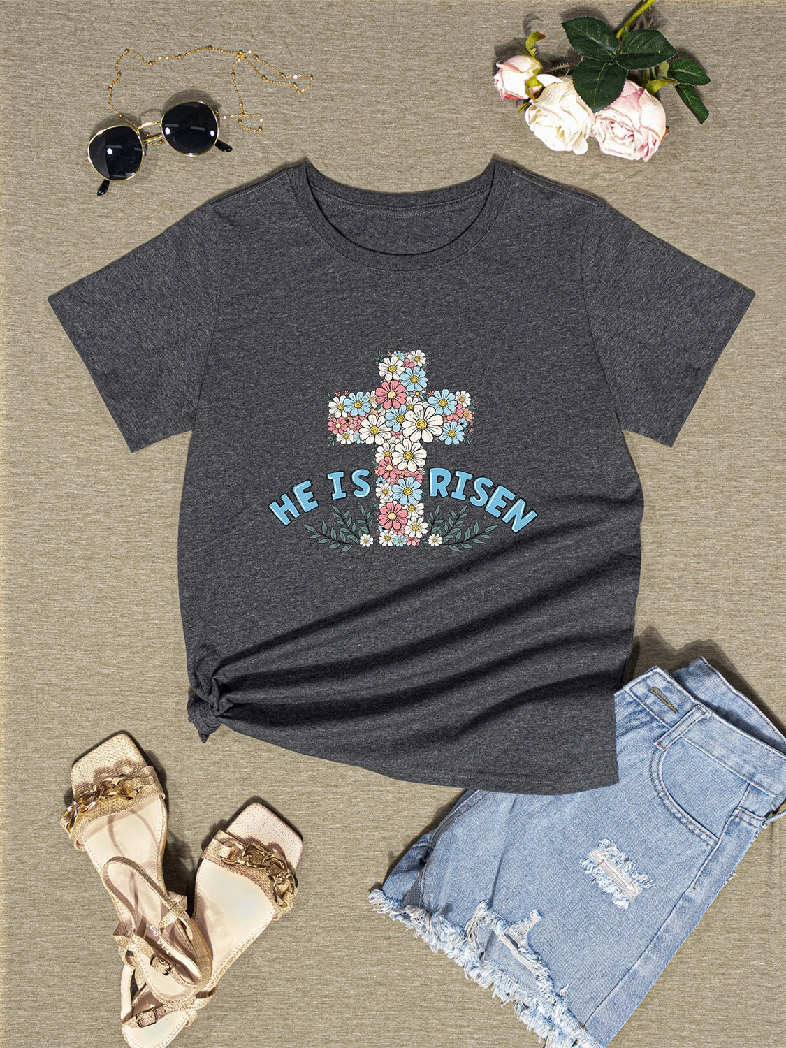 HE IS RISEN Round Neck Short Sleeve T-Shirt-Jewearrings