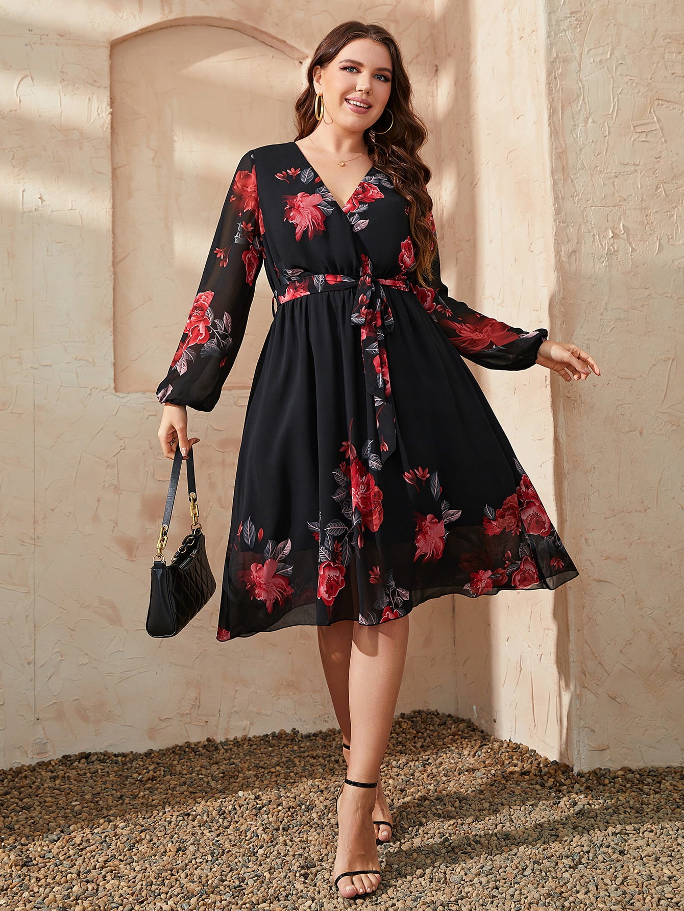 Plus Size Floral Surplice Neck Tie Waist Dress-Jewearrings