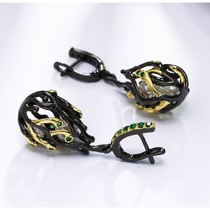 Women's Personalized Black Gold-plated Party Earrings With Green Zircon-Jewearrings