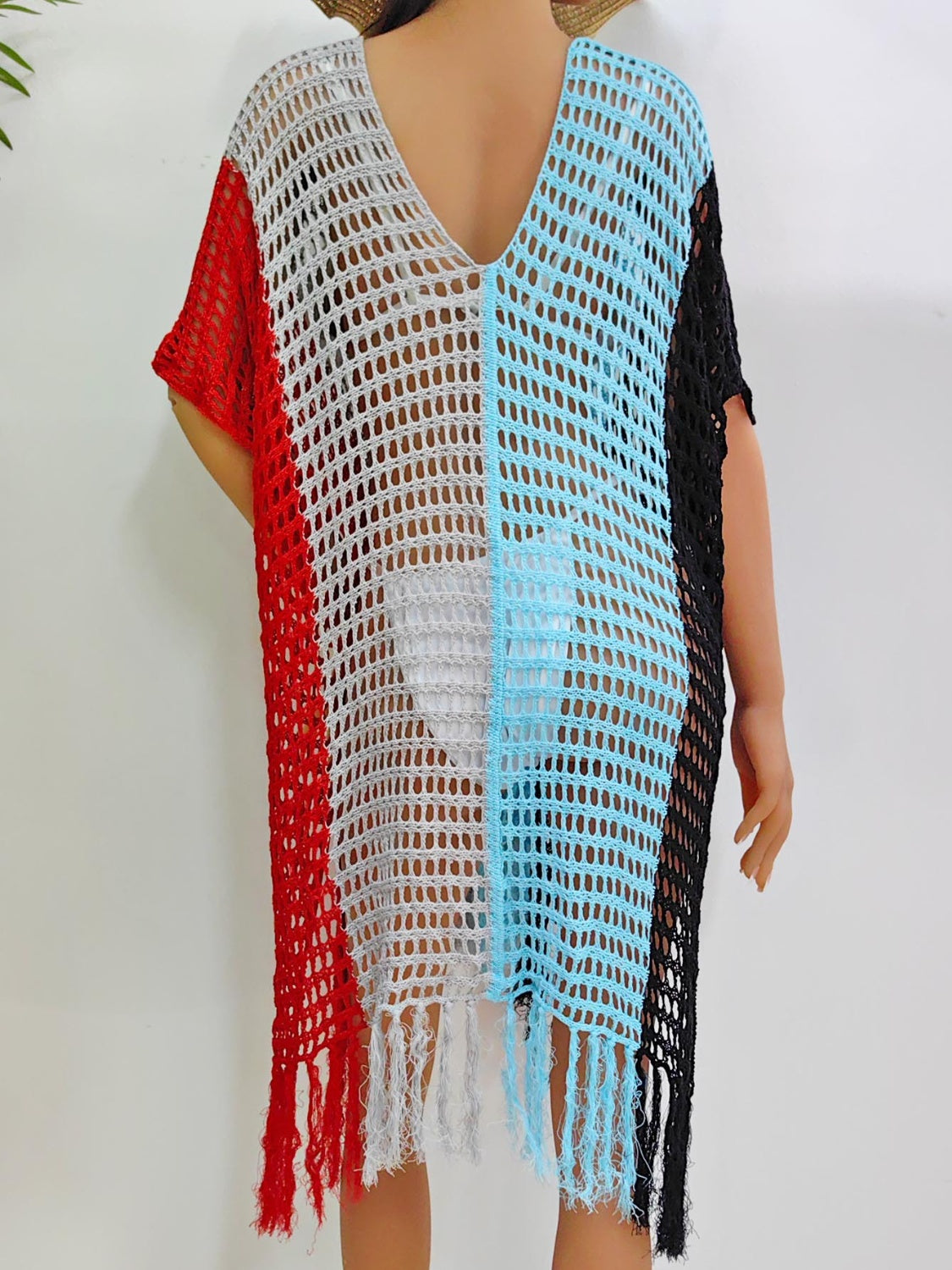 Fringe Color Block Scoop Neck Cover Up-Jewearrings