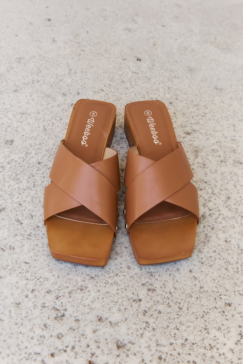 Weeboo Step Into Summer Criss Cross Wooden Clog Mule in Brown-Jewearrings