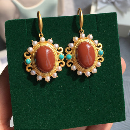 Jade Egg Noodle Pearl Southern Red Turquoise Palace Luxury Royal Sister Cold Wind Earrings-Jewearrings