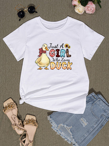 JUST A GIRL WHO LOVES DUCK Round Neck T-Shirt-Jewearrings