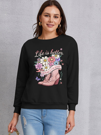 Graphic Round Neck Long Sleeve Sweatshirt-Jewearrings