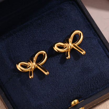 Stainless Steel 18K Gold Plating Cast Glossy Bow Stud Earrings-Jewearrings