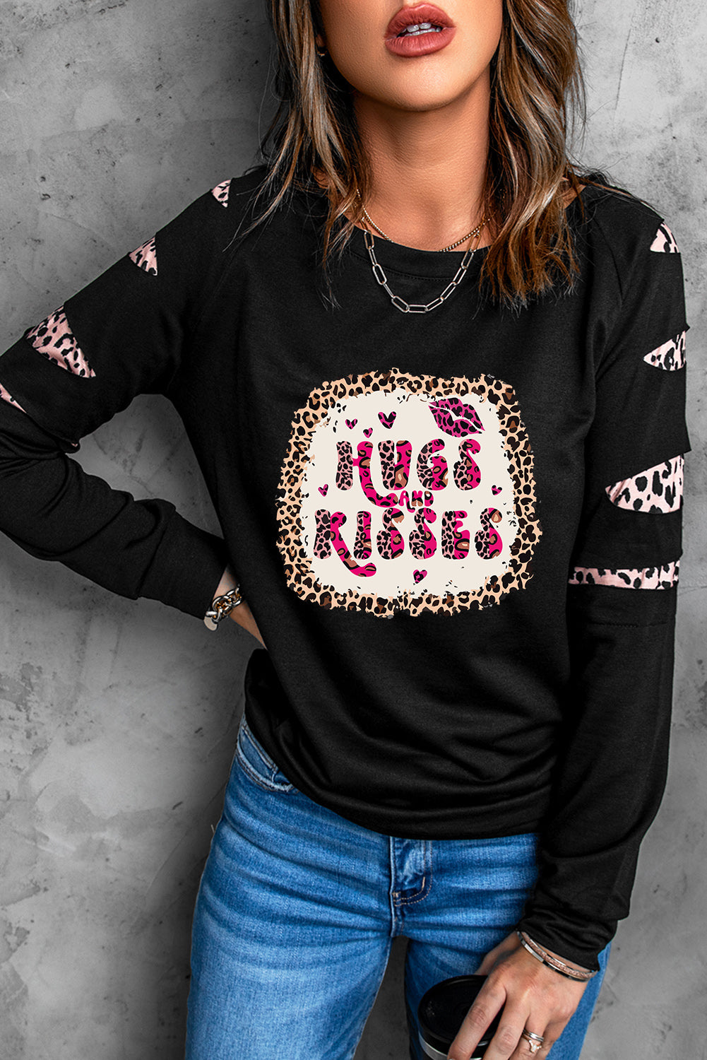 HUGS AND KISSES Leopard Round Neck Sweatshirt-Jewearrings