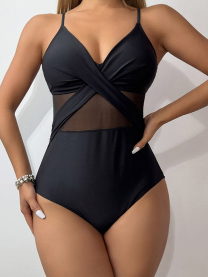 V-Neck Spaghetti Strap One-Piece Swimwear-Jewearrings