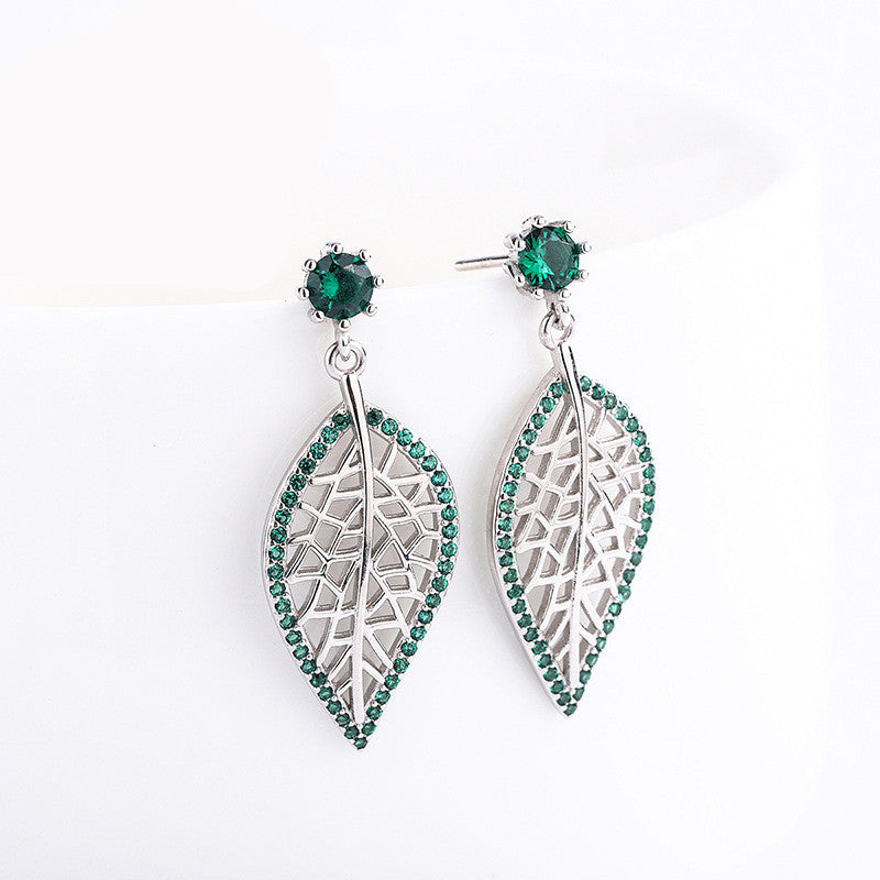 S925 Sterling Silver Jewelry Leaf Stud Earrings With Green Diamonds-Jewearrings