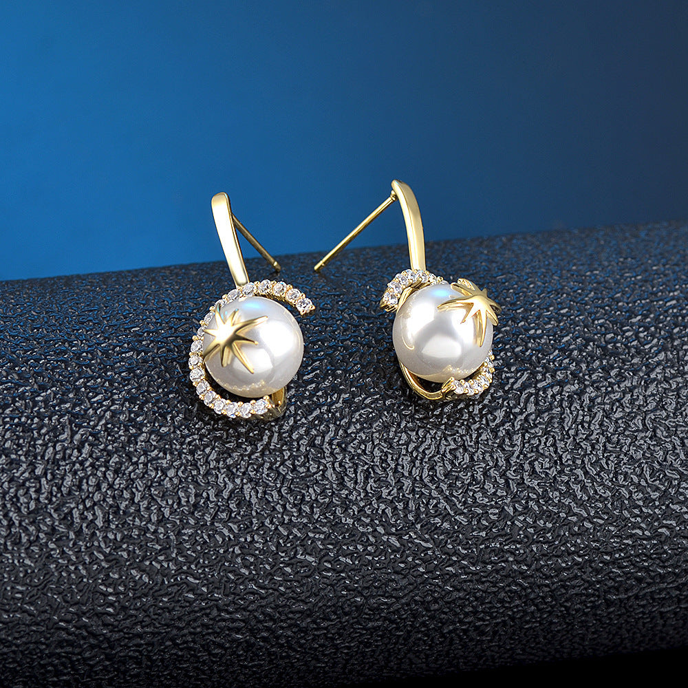 Temperament Pearl Earrings Female Creative Star Zircon Ear Jewelry-Jewearrings