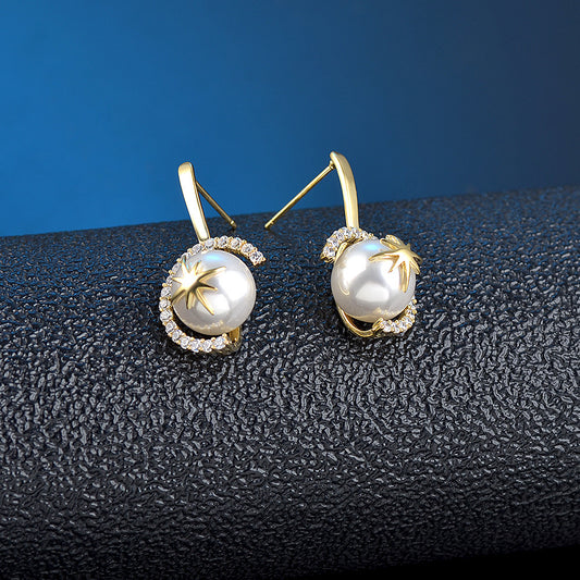 Temperament Pearl Earrings Female Creative Star Zircon Ear Jewelry-Jewearrings