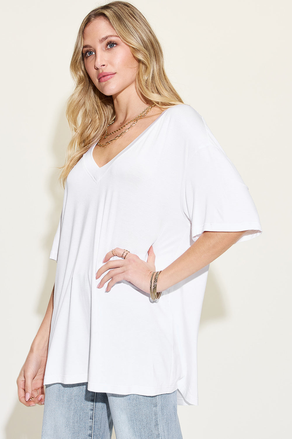 Basic Bae Full Size Bamboo V-Neck Drop Shoulder T-Shirt-Jewearrings