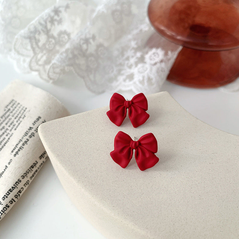 Wine Red Love Baking Varnish Bow Silver Needle Earrings-Jewearrings