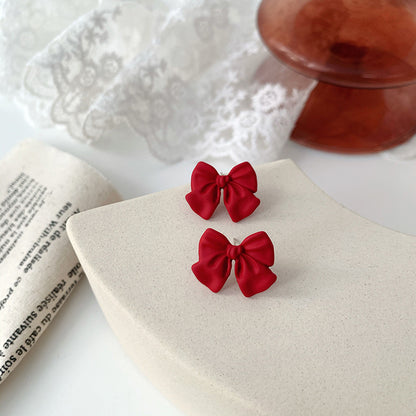 Wine Red Love Baking Varnish Bow Silver Needle Earrings-Jewearrings