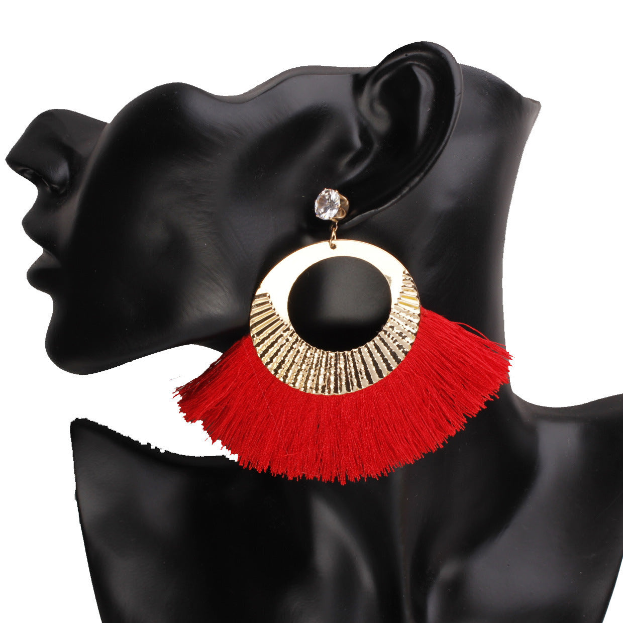 Women's Fringed Fan-shaped Gold Earrings With Rhinestones-Jewearrings