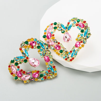 Ins Style Creative Heart Stud Earrings Alloy Plating Inlaid Color Rhinestone Fabulous Personality Earrings-Jewearrings